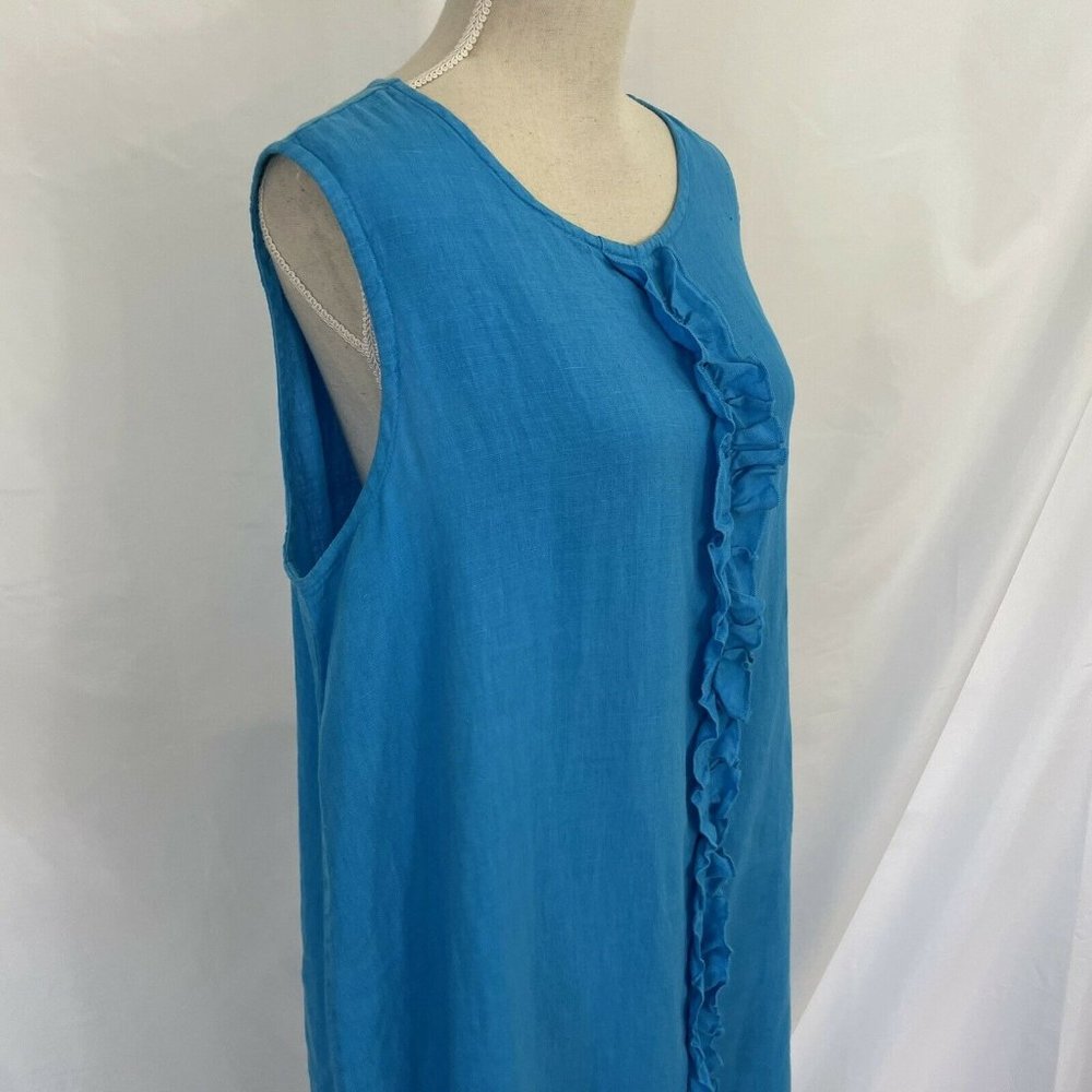 Bryn Walker Linen Blue Midi Dress LARGE Sleeveless Ruffle Front Lagenlook - Picture 3 of 7